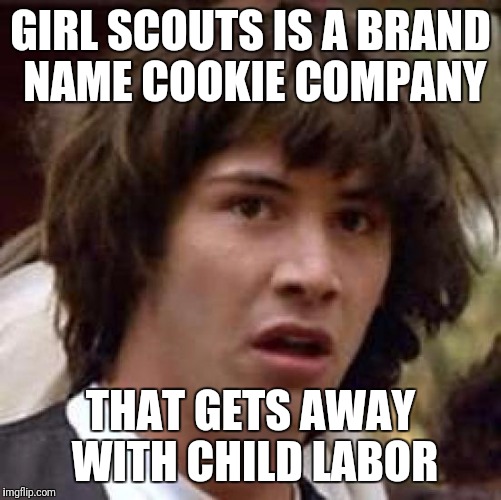 Conspiracy Keanu | GIRL SCOUTS IS A BRAND NAME COOKIE COMPANY; THAT GETS AWAY WITH CHILD LABOR | image tagged in memes,conspiracy keanu | made w/ Imgflip meme maker