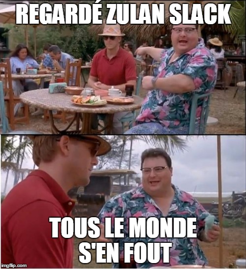 See Nobody Cares Meme | REGARDÉ ZULAN SLACK; TOUS LE MONDE S'EN FOUT | image tagged in memes,see nobody cares | made w/ Imgflip meme maker