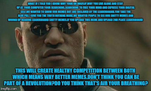 Matrix Morpheus | WHAT IF I TOLD YOU I KNOW WHY YOUR ON IMGFLIP.WHY YOU LIVE ALONE AND STAY UP AT YOUR COMPUTER YOUR SEARCHING.SEARCHING TO FREE YOUR MIND AND EXPRESS YOUR DIGITAL SELF.WE WANTED TO SHOW OUR MEMES BUT ARE ENSLAVED BY THE LEADERBOARD.YOU TAKE THE BLUE PILL I GIVE YOU THE TRUTH NOTHING MORE.WE WANTED PEOPLE TO SEE OUR SHITTY MEMES AND WOUND UP READING LEADERBOARD SHITTY MEMES.IF YOU UPLOAD THIS MEME AND UPLOAD 2ND PLACE LEADERBOARD; THIS WILL CREATE HEALTHY COMPETITION BETWEEN BOTH WHICH MEANS WAY BETTER MEMES.DON'T THINK YOU CAN BE PART OF A REVOLUTION?DO YOU THINK THAT'S AIR YOUR BREATHING? | image tagged in memes,matrix morpheus | made w/ Imgflip meme maker