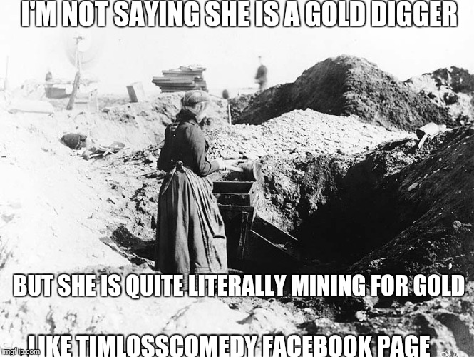 Gold digger | I'M NOT SAYING SHE IS A GOLD DIGGER; BUT SHE IS QUITE LITERALLY MINING FOR GOLD; LIKE TIMLOSSCOMEDY FACEBOOK PAGE | image tagged in funny memes,comedy,funny,jokes | made w/ Imgflip meme maker