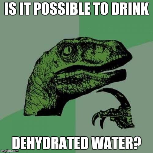 Philosoraptor | IS IT POSSIBLE TO DRINK; DEHYDRATED WATER? | image tagged in memes,philosoraptor | made w/ Imgflip meme maker