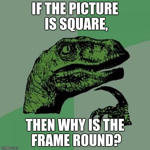 Philosoraptor Meme | IF THE PICTURE IS SQUARE, THEN WHY IS THE FRAME ROUND? | image tagged in memes,philosoraptor | made w/ Imgflip meme maker
