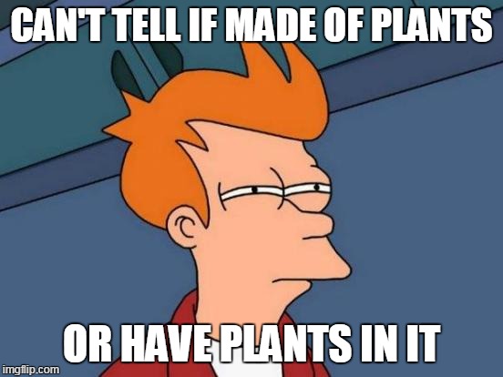 Futurama Fry Meme | CAN'T TELL IF MADE OF PLANTS OR HAVE PLANTS IN IT | image tagged in memes,futurama fry | made w/ Imgflip meme maker