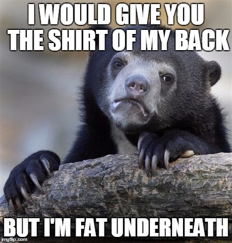 Even charity suffers because of body shame | I WOULD GIVE YOU THE SHIRT OF MY BACK; BUT I'M FAT UNDERNEATH | image tagged in memes,confession bear | made w/ Imgflip meme maker