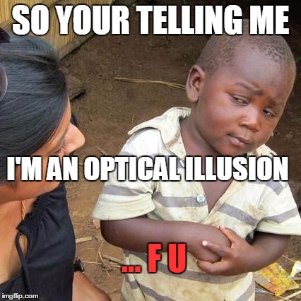 Third World Skeptical Kid Meme | SO YOUR TELLING ME I'M AN OPTICAL ILLUSION ... F U | image tagged in memes,third world skeptical kid | made w/ Imgflip meme maker