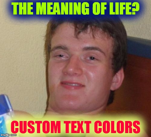 I Hold The Secret To The Meaning Of Life! | THE MEANING OF LIFE? CUSTOM TEXT COLORS | image tagged in memes,10 guy,secret,i'm not telling anyone so stop asking already,the meaning of life | made w/ Imgflip meme maker