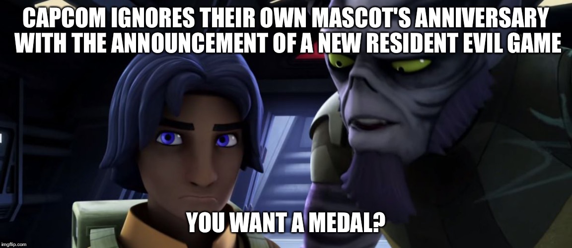 Minor Achievement Zeb | CAPCOM IGNORES THEIR OWN MASCOT'S ANNIVERSARY WITH THE ANNOUNCEMENT OF A NEW RESIDENT EVIL GAME; YOU WANT A MEDAL? | image tagged in minor achievement zeb | made w/ Imgflip meme maker