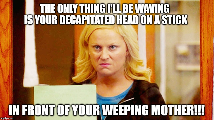 Leslie Knope Angry Face | THE ONLY THING I'LL BE WAVING IS YOUR DECAPITATED HEAD ON A STICK; IN FRONT OF YOUR WEEPING MOTHER!!! | image tagged in leslie knope | made w/ Imgflip meme maker
