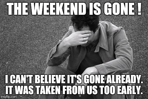 THE WEEKEND IS GONE ! I CAN'T BELIEVE IT'S GONE ALREADY. IT WAS TAKEN FROM US TOO EARLY. | image tagged in weekend | made w/ Imgflip meme maker