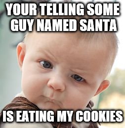 Skeptical Baby | YOUR TELLING SOME GUY NAMED SANTA; IS EATING MY COOKIES | image tagged in memes,skeptical baby | made w/ Imgflip meme maker