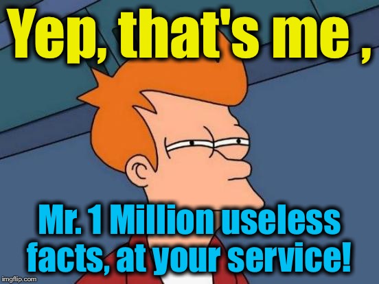Futurama Fry Meme | Yep, that's me , Mr. 1 Million useless facts, at your service! | image tagged in memes,futurama fry | made w/ Imgflip meme maker