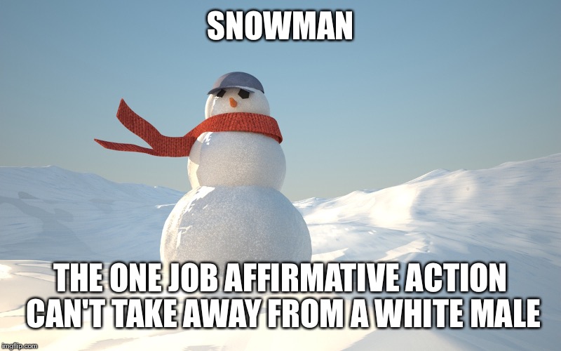 SNOWMAN; THE ONE JOB AFFIRMATIVE ACTION CAN'T TAKE AWAY FROM A WHITE MALE | image tagged in snowman,white privilege | made w/ Imgflip meme maker