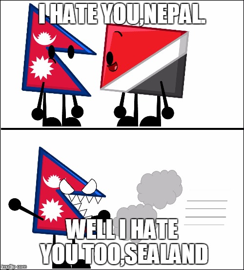 The odd flag out | I HATE YOU,NEPAL. WELL I HATE YOU TOO,SEALAND | image tagged in nepal and sealand | made w/ Imgflip meme maker