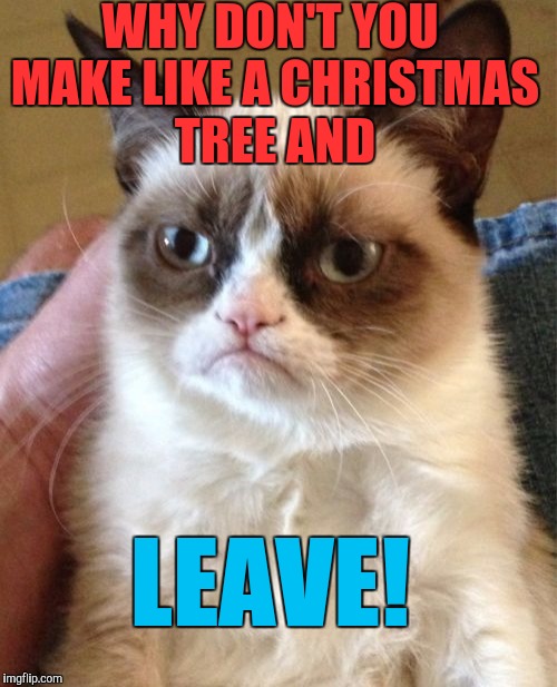Grumpy Cat | WHY DON'T YOU MAKE LIKE A CHRISTMAS TREE AND; LEAVE! | image tagged in memes,grumpy cat | made w/ Imgflip meme maker