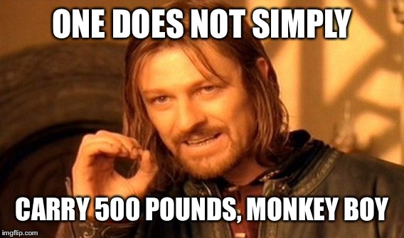 One Does Not Simply Meme | ONE DOES NOT SIMPLY CARRY 500 POUNDS, MONKEY BOY | image tagged in memes,one does not simply | made w/ Imgflip meme maker