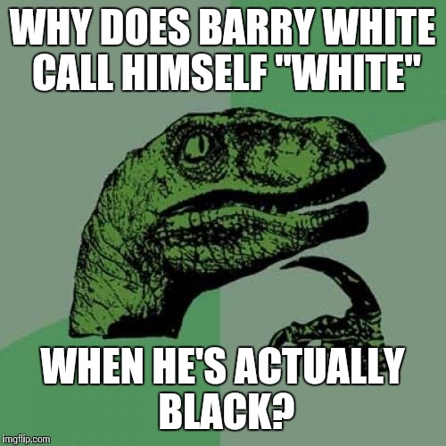 Philosoraptor | WHY DOES BARRY WHITE CALL HIMSELF "WHITE"; WHEN HE'S ACTUALLY BLACK? | image tagged in memes,philosoraptor,funny,barry white | made w/ Imgflip meme maker