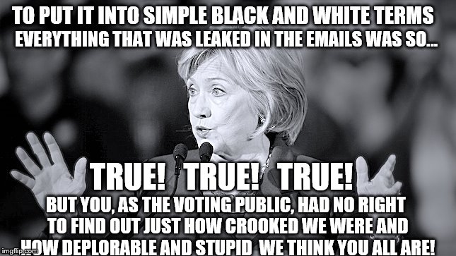 Yes the content leaked was accurate and true but you weren't supposed to know the truth; Damn Russians and Assange's Wikileaks | EVERYTHING THAT WAS LEAKED IN THE EMAILS WAS SO... TRUE!   TRUE!   TRUE! BUT YOU, AS THE VOTING PUBLIC, HAD NO RIGHT TO FIND OUT JUST HOW CROOKED WE WERE AND HOW DEPLORABLE AND STUPID  WE THINK YOU ALL ARE! | image tagged in memes,donald trump approves,election 2016 aftermath,deplorables,russian hackers,assange | made w/ Imgflip meme maker