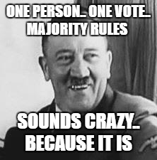 Bad Joke Hitler | ONE PERSON.. ONE VOTE.. MAJORITY RULES; SOUNDS CRAZY.. BECAUSE IT IS | image tagged in bad joke hitler | made w/ Imgflip meme maker