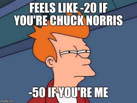 Futurama Fry Meme | FEELS LIKE -20 IF YOU'RE CHUCK NORRIS -50 IF YOU'RE ME | image tagged in memes,futurama fry | made w/ Imgflip meme maker