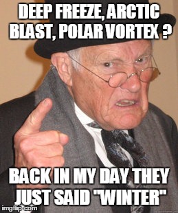 When all else fails - sensationalize the weather! | DEEP FREEZE, ARCTIC BLAST, POLAR VORTEX ? BACK IN MY DAY THEY JUST SAID "WINTER" | image tagged in memes,back in my day | made w/ Imgflip meme maker