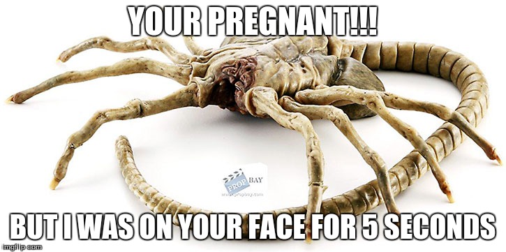 Daddy Facehugger | YOUR PREGNANT!!! BUT I WAS ON YOUR FACE FOR 5 SECONDS | image tagged in xenomorph,facehugger | made w/ Imgflip meme maker