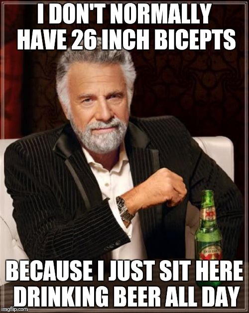 The Most Interesting Man In The World | I DON'T NORMALLY HAVE 26 INCH BICEPTS; BECAUSE I JUST SIT HERE DRINKING BEER ALL DAY | image tagged in memes,the most interesting man in the world | made w/ Imgflip meme maker