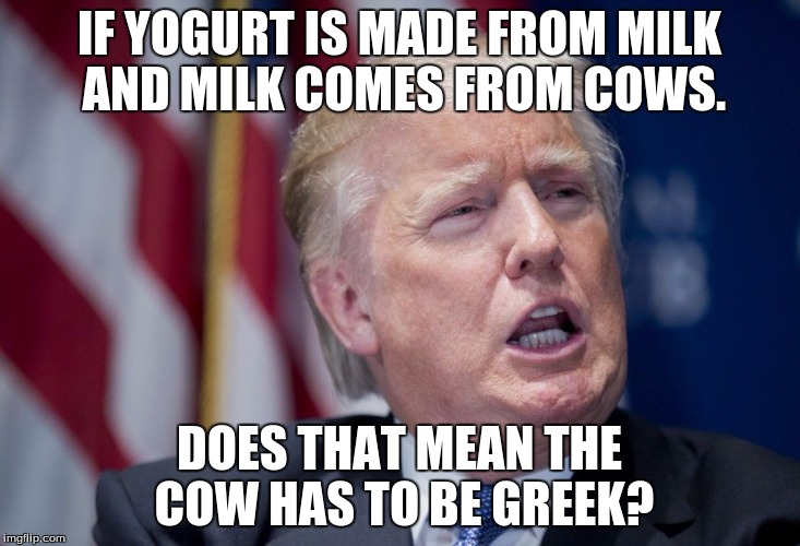 Donald Trump Derp | IF YOGURT IS MADE FROM MILK AND MILK COMES FROM COWS. DOES THAT MEAN THE COW HAS TO BE GREEK? | image tagged in donald trump derp | made w/ Imgflip meme maker