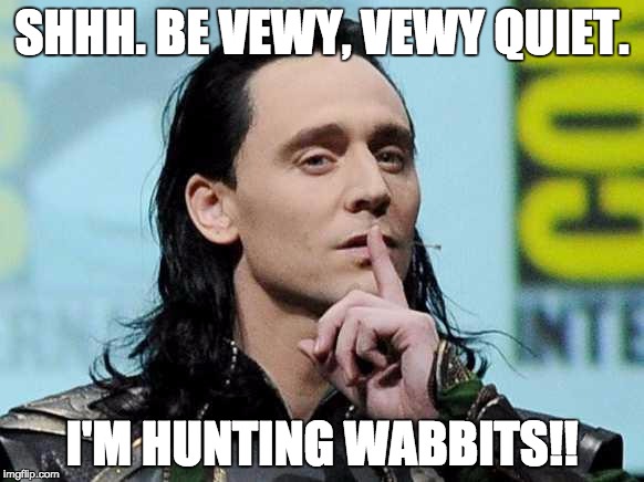 Loki response | SHHH. BE VEWY, VEWY QUIET. I'M HUNTING WABBITS!! | image tagged in loki response | made w/ Imgflip meme maker
