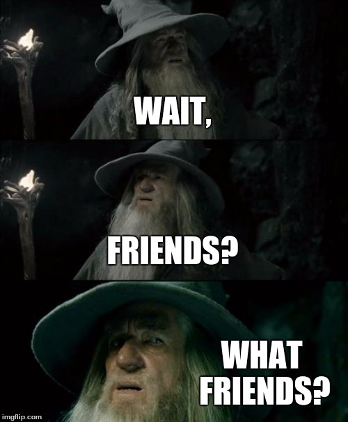 Confused Gandalf | WAIT, FRIENDS? WHAT FRIENDS? | image tagged in memes,confused gandalf | made w/ Imgflip meme maker
