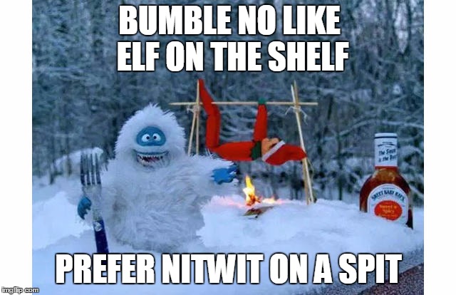 What kind of wine goes best with roast elf? | BUMBLE NO LIKE ELF ON THE SHELF; PREFER NITWIT ON A SPIT | image tagged in roast shelf elf | made w/ Imgflip meme maker