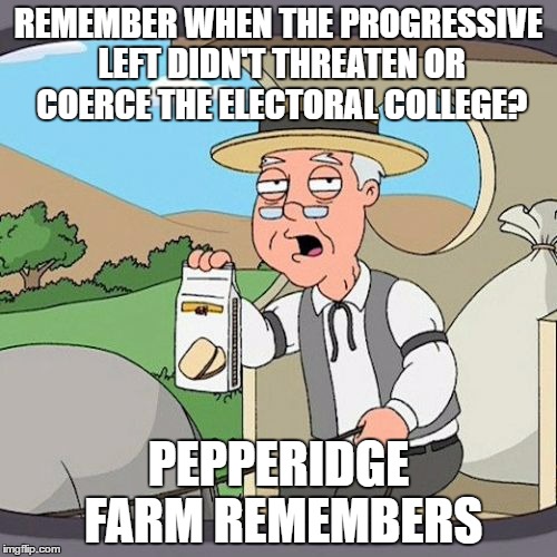 Time to dismantle the Progressive Left | REMEMBER WHEN THE PROGRESSIVE LEFT DIDN'T THREATEN OR COERCE THE ELECTORAL COLLEGE? PEPPERIDGE FARM REMEMBERS | image tagged in memes,pepperidge farm remembers,election 2016 | made w/ Imgflip meme maker