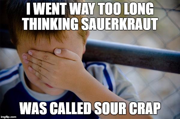 Confession Kid Meme | I WENT WAY TOO LONG THINKING SAUERKRAUT; WAS CALLED SOUR CRAP | image tagged in memes,confession kid | made w/ Imgflip meme maker