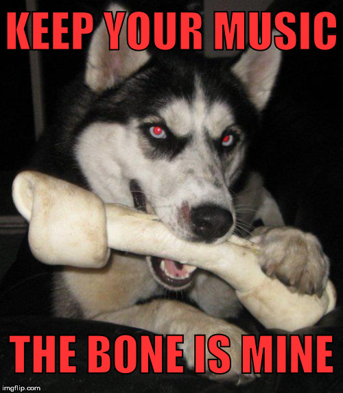 Dogs love their bones | KEEP YOUR MUSIC; THE BONE IS MINE | image tagged in dog memes | made w/ Imgflip meme maker