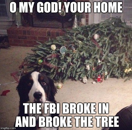 Dog Christmas Tree | O MY GOD! YOUR HOME; THE FBI BROKE IN AND BROKE THE TREE | image tagged in dog christmas tree | made w/ Imgflip meme maker