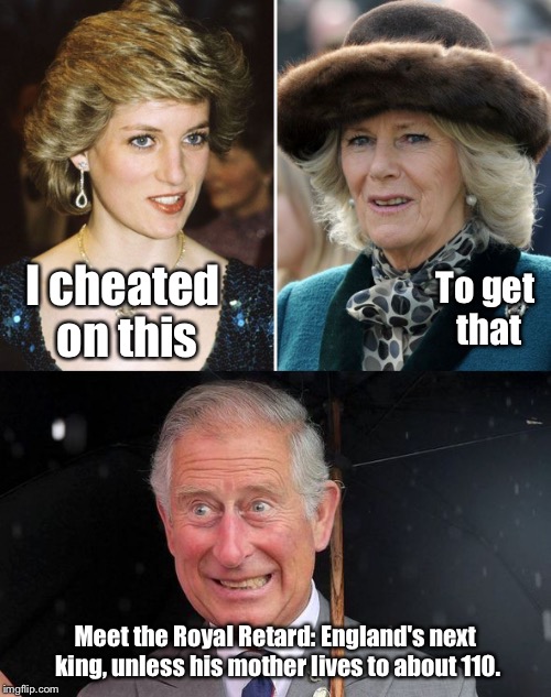 Living proof of de-evolution among the monarchy.  |  I cheated on this; To get that; Meet the Royal Retard: England's next king, unless his mother lives to about 110. | image tagged in memes,prince charles,lady diana,camilla bowles | made w/ Imgflip meme maker