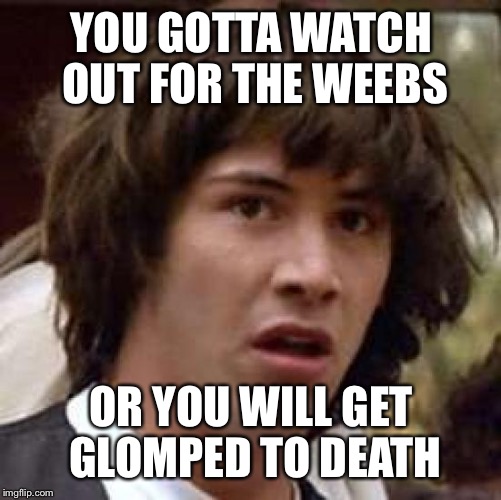 Conspiracy Keanu Meme | YOU GOTTA WATCH OUT FOR THE WEEBS OR YOU WILL GET GLOMPED TO DEATH | image tagged in memes,conspiracy keanu | made w/ Imgflip meme maker