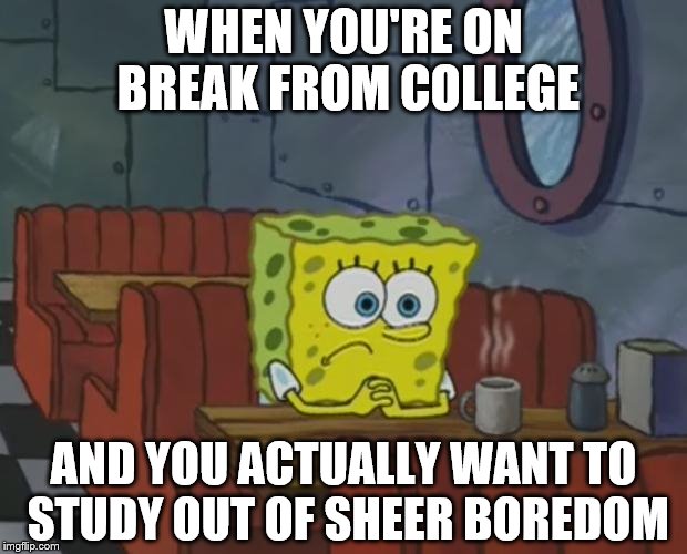 Spongebob Waiting | WHEN YOU'RE ON BREAK FROM COLLEGE; AND YOU ACTUALLY WANT TO STUDY OUT OF SHEER BOREDOM | image tagged in spongebob waiting | made w/ Imgflip meme maker