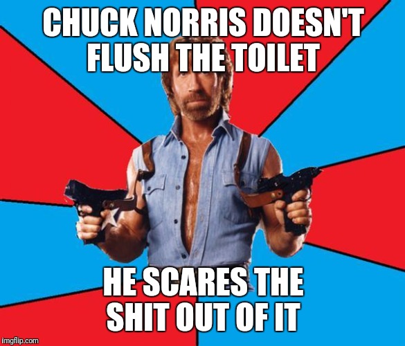 Chuck Norris With Guns | CHUCK NORRIS DOESN'T FLUSH THE TOILET; HE SCARES THE SHIT OUT OF IT | image tagged in memes,chuck norris with guns,chuck norris | made w/ Imgflip meme maker