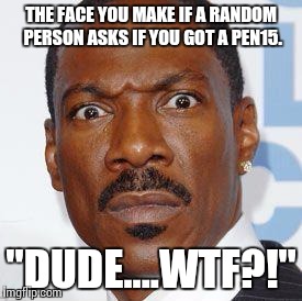 wtf 1 | THE FACE YOU MAKE IF A RANDOM PERSON ASKS IF YOU GOT A PEN15. "DUDE....WTF?!" | image tagged in wtf 1 | made w/ Imgflip meme maker