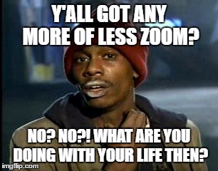 Y'ALL GOT ANY MORE OF LESS ZOOM? NO? NO?! WHAT ARE YOU DOING WITH YOUR LIFE THEN? | image tagged in memes,yall got any more of | made w/ Imgflip meme maker