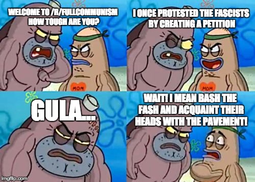 How Tough Are You Meme | I ONCE PROTESTED THE FASCISTS BY CREATING A PETITION; WELCOME TO /R/FULLCOMMUNISM HOW TOUGH ARE YOU? GULA... WAIT! I MEAN BASH THE FASH AND ACQUAINT THEIR HEADS WITH THE PAVEMENT! | image tagged in memes,how tough are you | made w/ Imgflip meme maker
