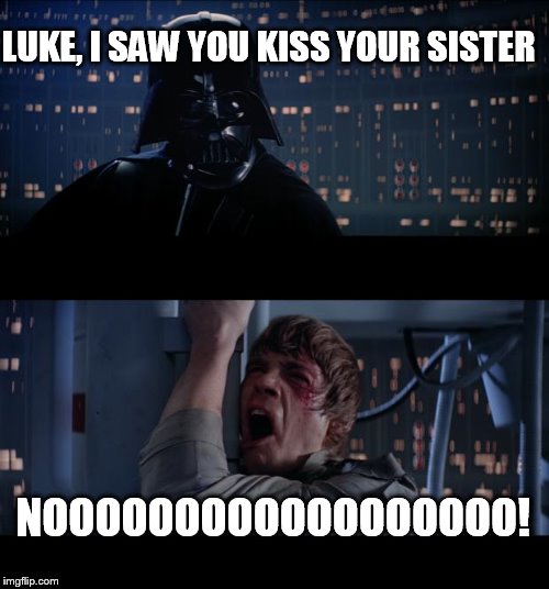 Star Wars No Meme | LUKE, I SAW YOU KISS YOUR SISTER; NOOOOOOOOOOOOOOOOOO! | image tagged in memes,star wars no | made w/ Imgflip meme maker