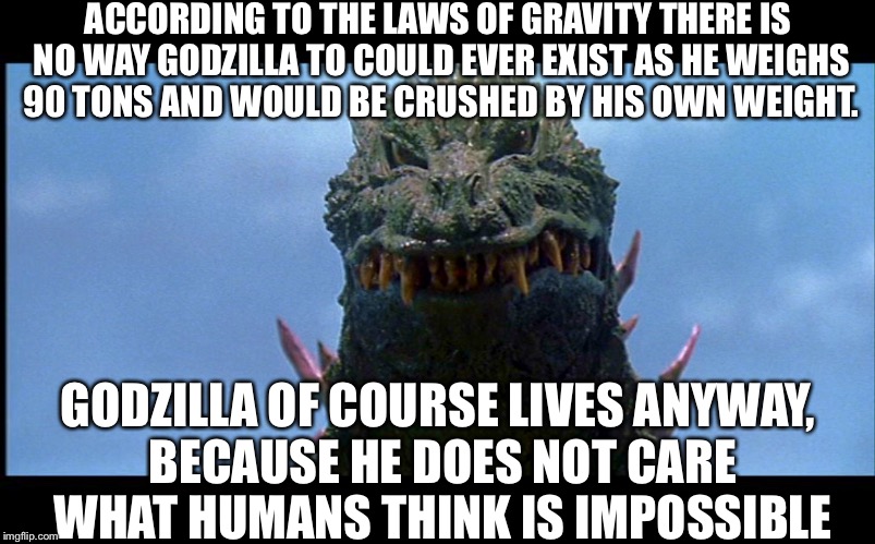 ACCORDING TO THE LAWS OF GRAVITY THERE IS NO WAY GODZILLA TO COULD EVER EXIST AS HE WEIGHS 90 TONS AND WOULD BE CRUSHED BY HIS OWN WEIGHT. GODZILLA OF COURSE LIVES ANYWAY, BECAUSE HE DOES NOT CARE WHAT HUMANS THINK IS IMPOSSIBLE | image tagged in memes | made w/ Imgflip meme maker