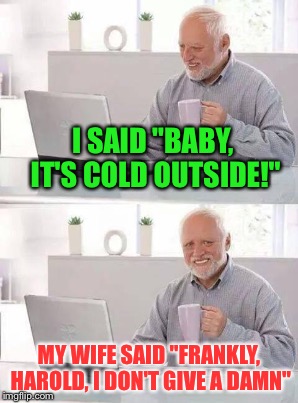 I SAID "BABY, IT'S COLD OUTSIDE!" MY WIFE SAID "FRANKLY, HAROLD, I DON'T GIVE A DAMN" | made w/ Imgflip meme maker