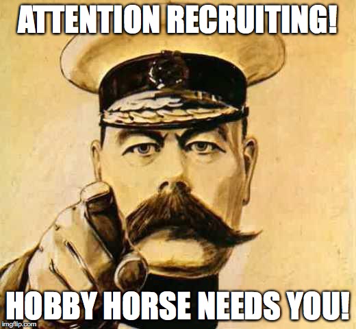 Your Country Needs YOU | ATTENTION RECRUITING! HOBBY HORSE NEEDS YOU! | image tagged in your country needs you | made w/ Imgflip meme maker