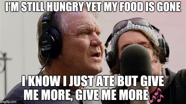 I'M STILL HUNGRY YET MY FOOD IS GONE; I KNOW I JUST ATE BUT GIVE ME MORE, GIVE ME MORE🎶 | image tagged in glen campbell | made w/ Imgflip meme maker