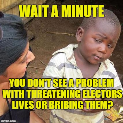 Crooked Liberals
 | WAIT A MINUTE; YOU DON'T SEE A PROBLEM WITH THREATENING ELECTORS LIVES OR BRIBING THEM? | image tagged in memes,third world skeptical kid | made w/ Imgflip meme maker