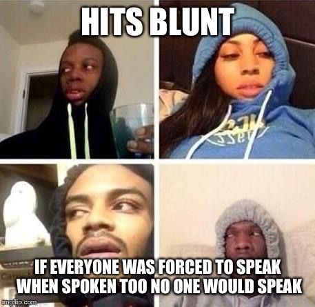 *Hits blunt | HITS BLUNT; IF EVERYONE WAS FORCED TO SPEAK WHEN SPOKEN TOO NO ONE WOULD SPEAK | image tagged in hits blunt | made w/ Imgflip meme maker
