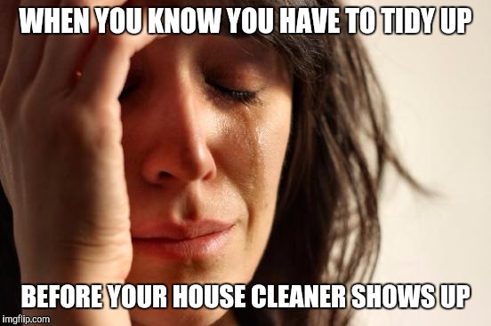 The struggle is real | WHEN YOU KNOW YOU HAVE TO TIDY UP; BEFORE YOUR HOUSE CLEANER SHOWS UP | image tagged in memes,first world problems | made w/ Imgflip meme maker