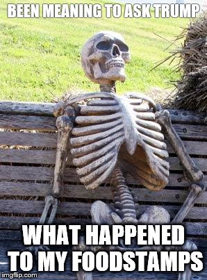Waiting Skeleton | BEEN MEANING TO ASK TRUMP; WHAT HAPPENED TO MY FOODSTAMPS | image tagged in memes,waiting skeleton | made w/ Imgflip meme maker